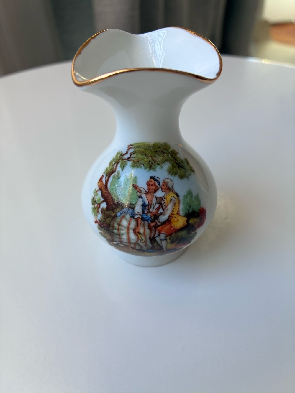 Antique M&R Limoges Small Porcelain Bud Vase with Gold Rim and Romantic Scene